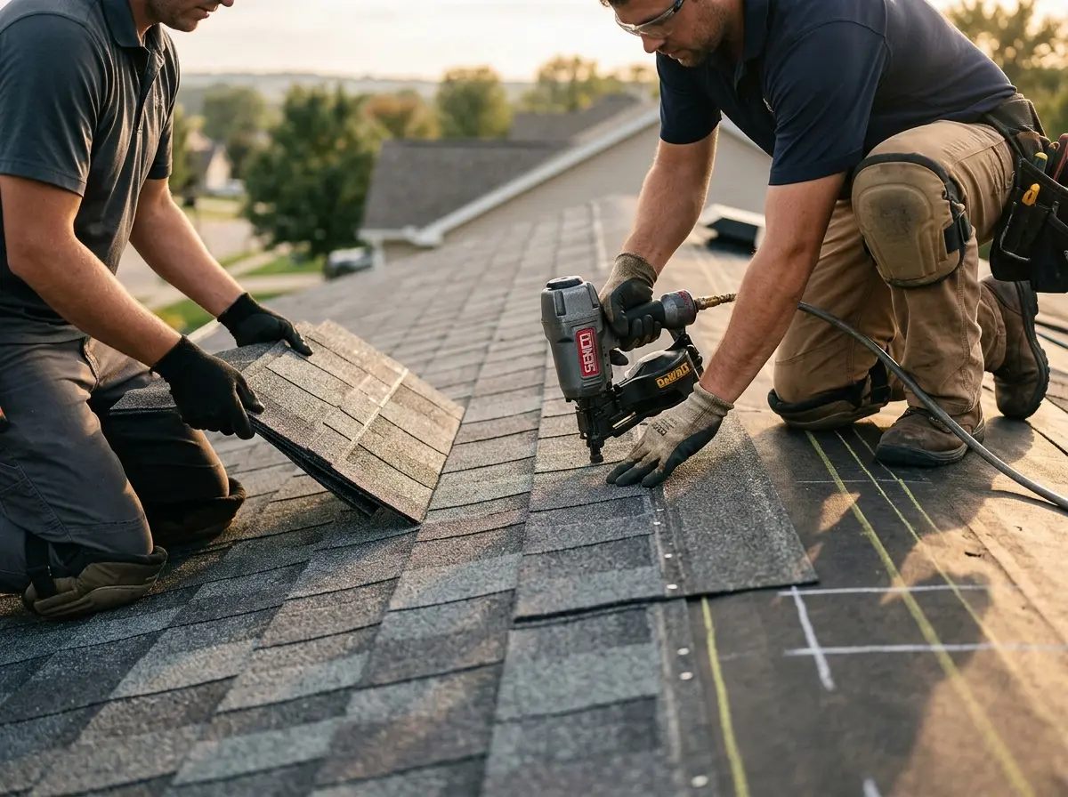 Professional roofer working on a residential roof in Sandston